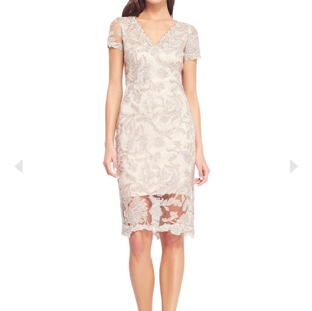 Tadashi Shoji Sz 8 Maci Gold Lace V-Neck Floral Embroidered Lined Cocktail Dress - Picture 1 of 16